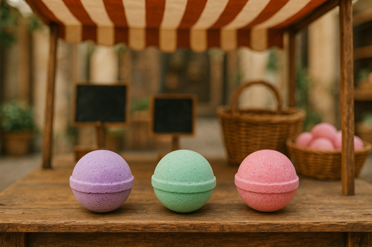 3 bath bombs on a market stall