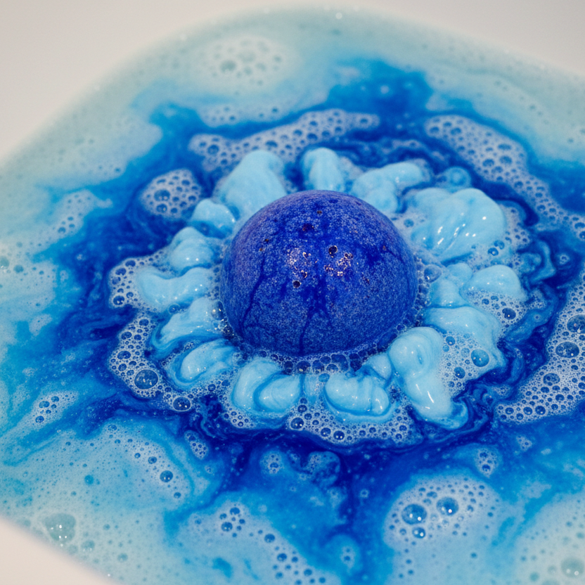 blue bath bomb fizzing in bath