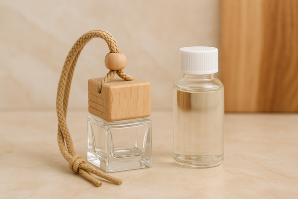 Car diffuser with light brown cord alongside approved refill scent, on elegant background, no text