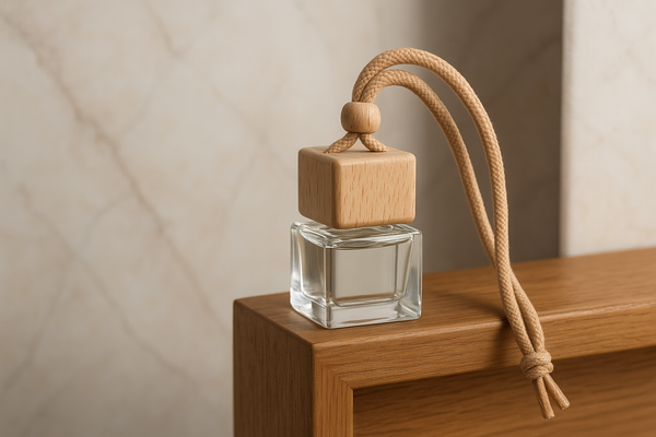 Car diffuser with light brown cord positioned safely away from children and pets, on elegant background, no text