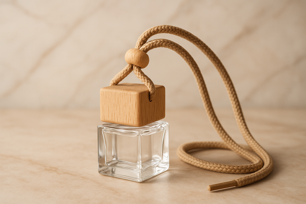 Car diffuser with light brown cord positioned to avoid contact with eyes and face, on elegant background, no text