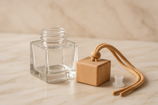 Car diffuser with light brown cord, wooden lid and plastic stopper removed to prevent leakage, on elegant background, no text
