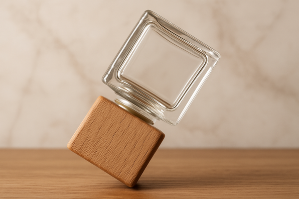 Car diffuser with square wooden top on, tipped upside down for fragrance absorption into wooden lid, on elegant background, no text