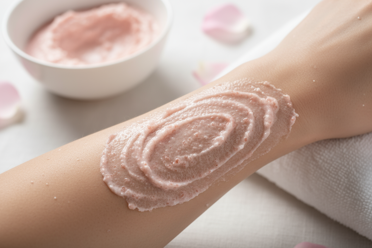 pink salt body scrub being rubbed on a arm