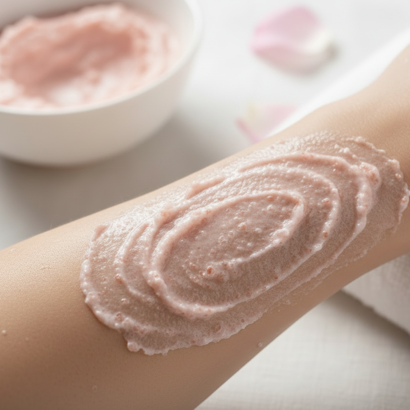 pink salt body scrub being rubbed on a arm