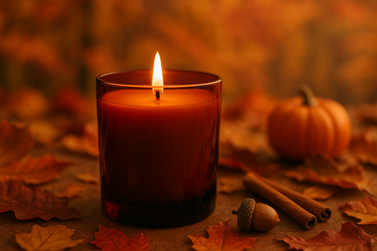 Plain Dark Amber Candle in 30cl Container on Autumn Background