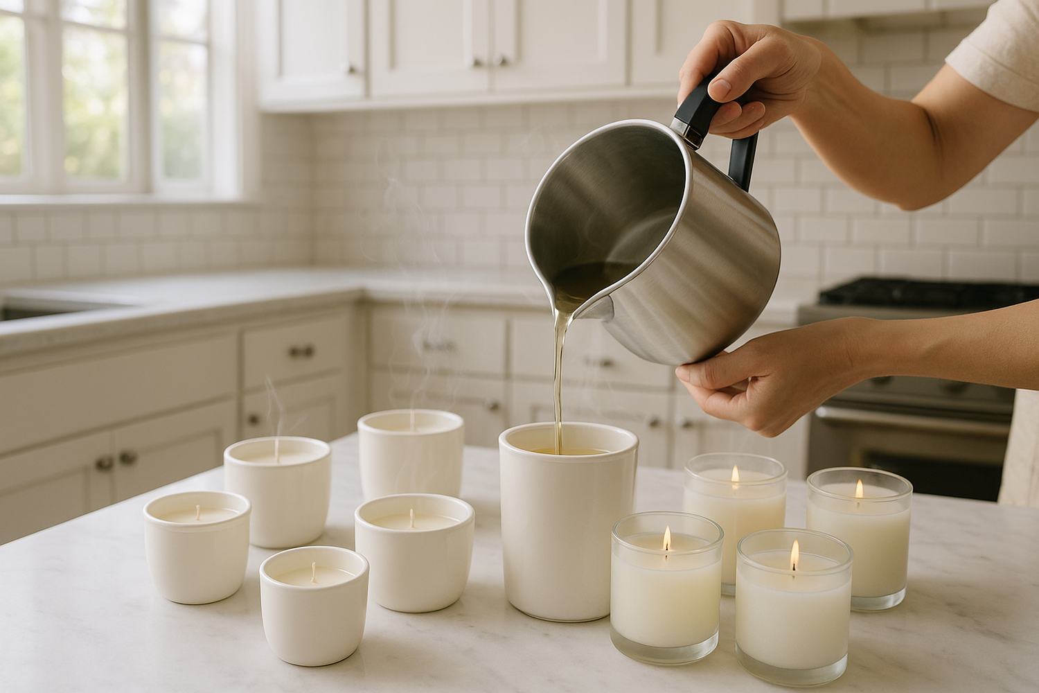 pouring candles into white and frosted containers in a white kitchen