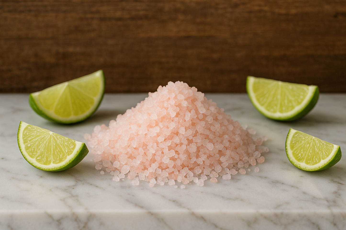 small pile of pink and white bath salts on a marble top with a rustic wooden background and lime segment round it