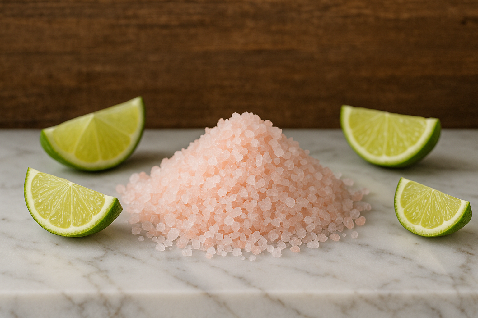 small pile of pink and white bath salts on a marble top with a rustic wooden background and lime segment round it