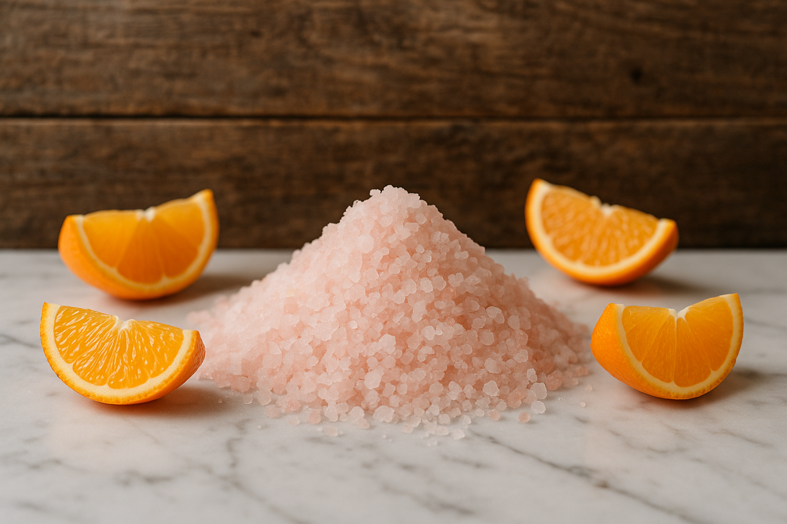 small pile of pink and white bath salts on a marble top with a rustic wooden background and orange segment around it