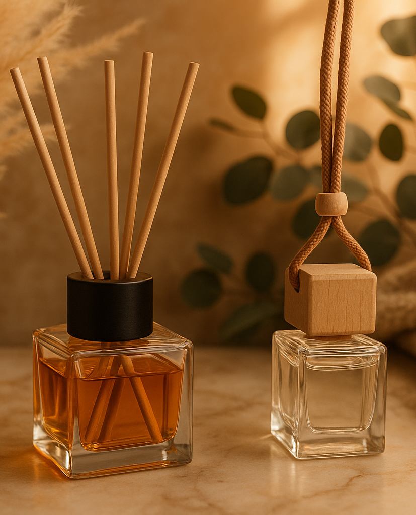 square glass diffuser with black cap and 5 reeds ans sqaure glass car diffuser with square wooden lid and light brown cord on a nice background