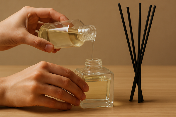 Square glass jar reed diffuser being carefully refilled