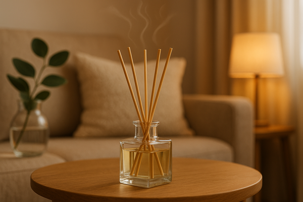 Square glass jar reed diffuser creating delightful aroma