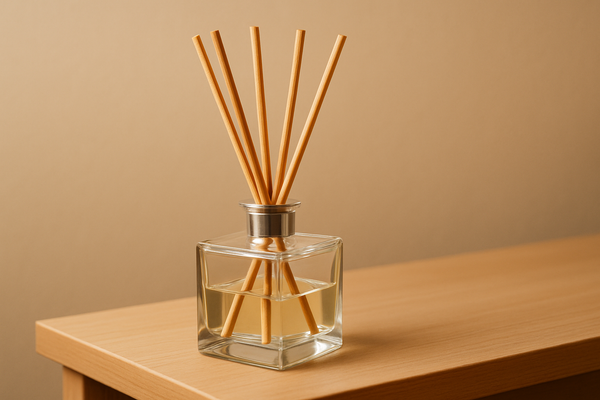 Square glass jar reed diffuser on steady surface