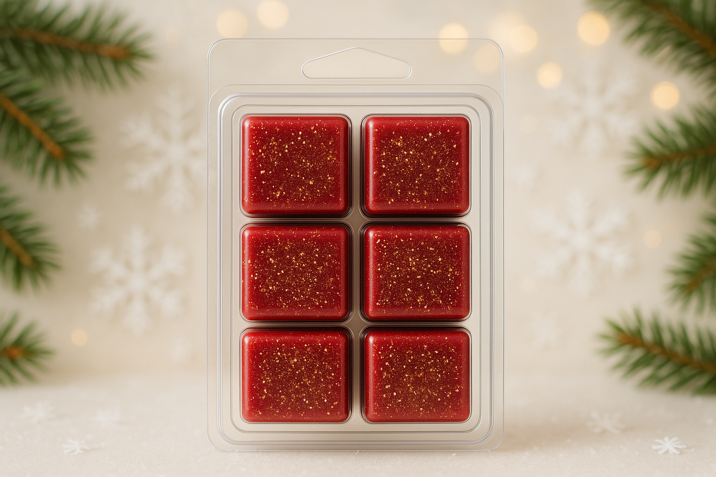 square wax melt in 6 way clam shell in red with gold glitter on a light christams background