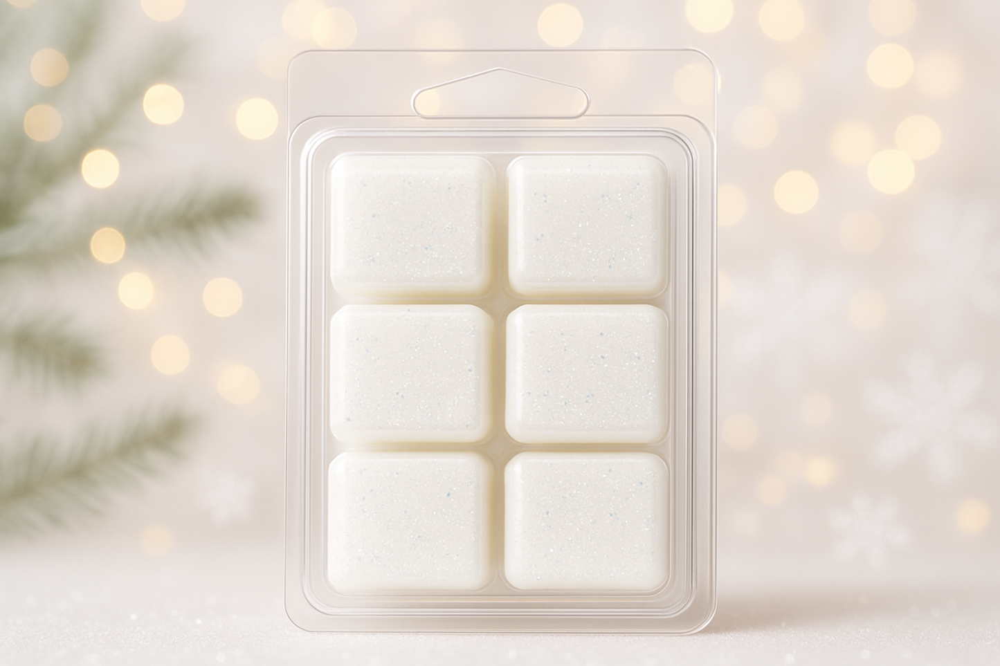 square wax melt in a 6 way clam shell in white with glitter on a light christmas background