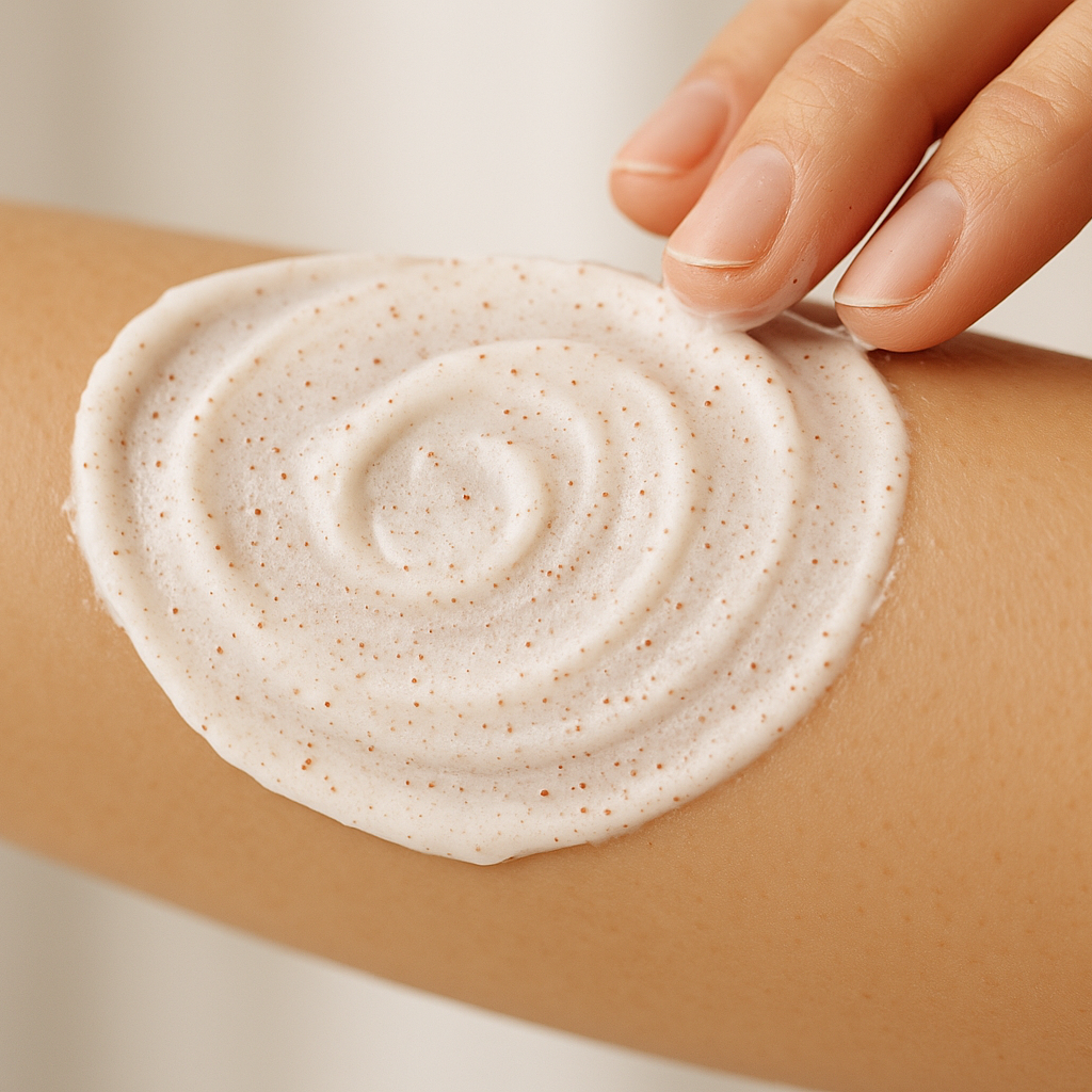 White body scrub being rubbed on a arm