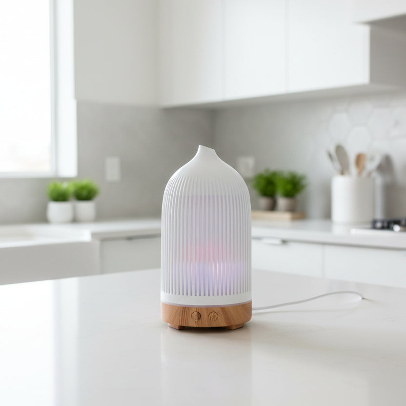Electric Plastic White with Wood Effect Ribbed Aroma Diffuser