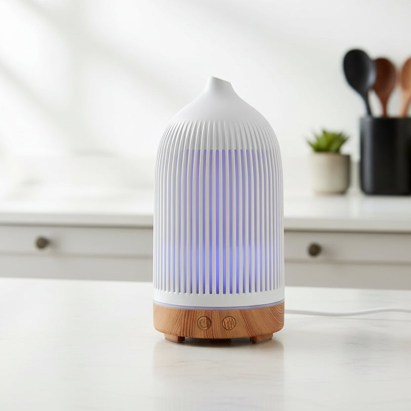Electric Plastic White with Wood Effect Ribbed Aroma Diffuser