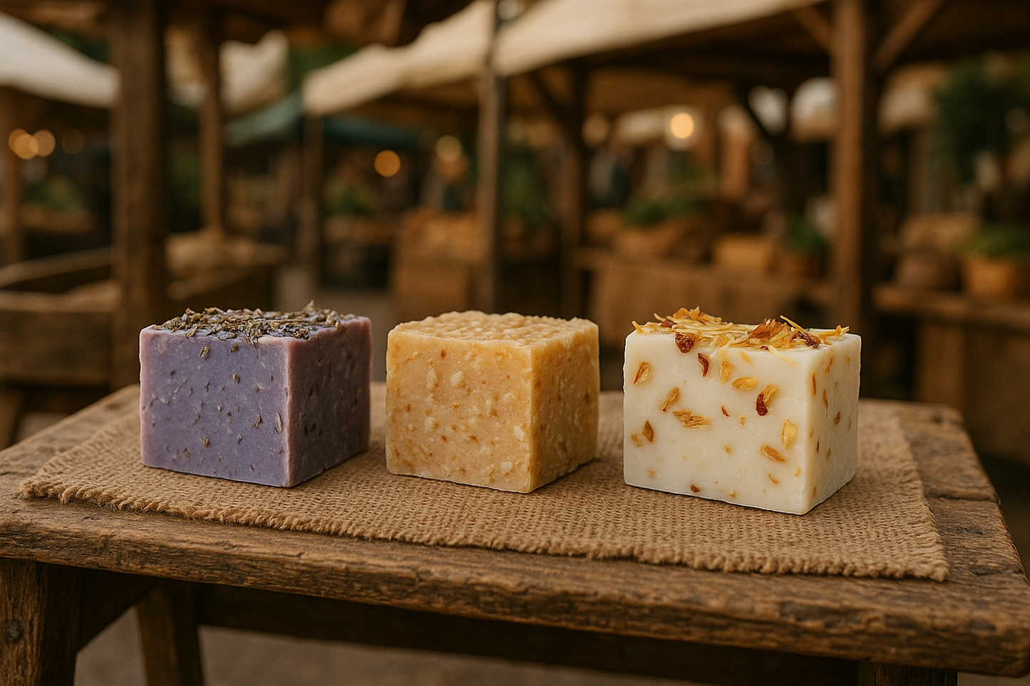 3 Homemade bars of soap on a Market Stall