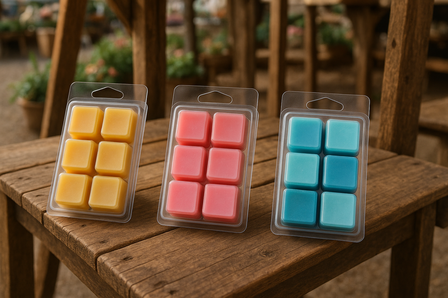 3 wax melt 6 way clam shells on a market stall