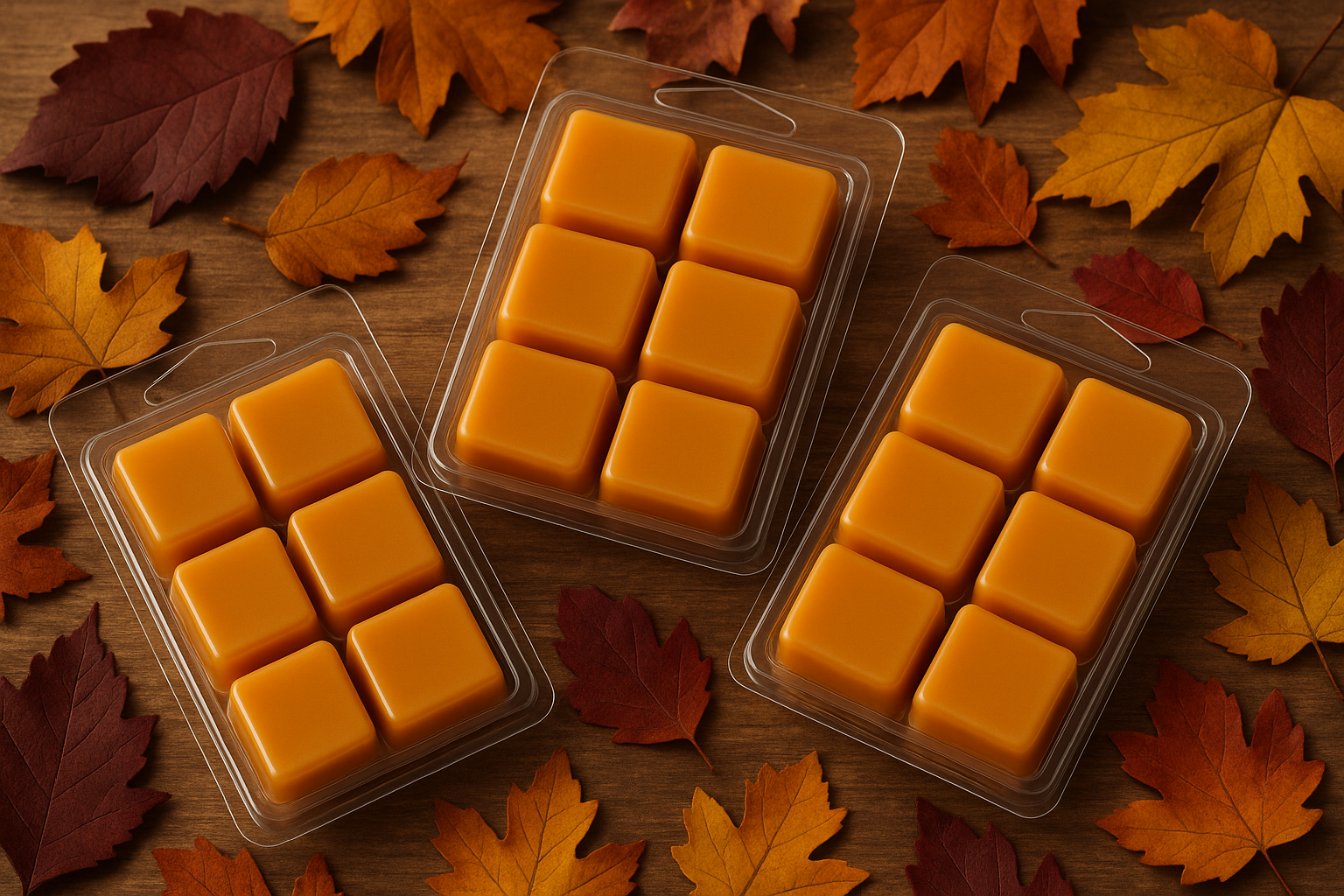 3 x 6 way clam shells with single colour plain wax melts with an autumn background