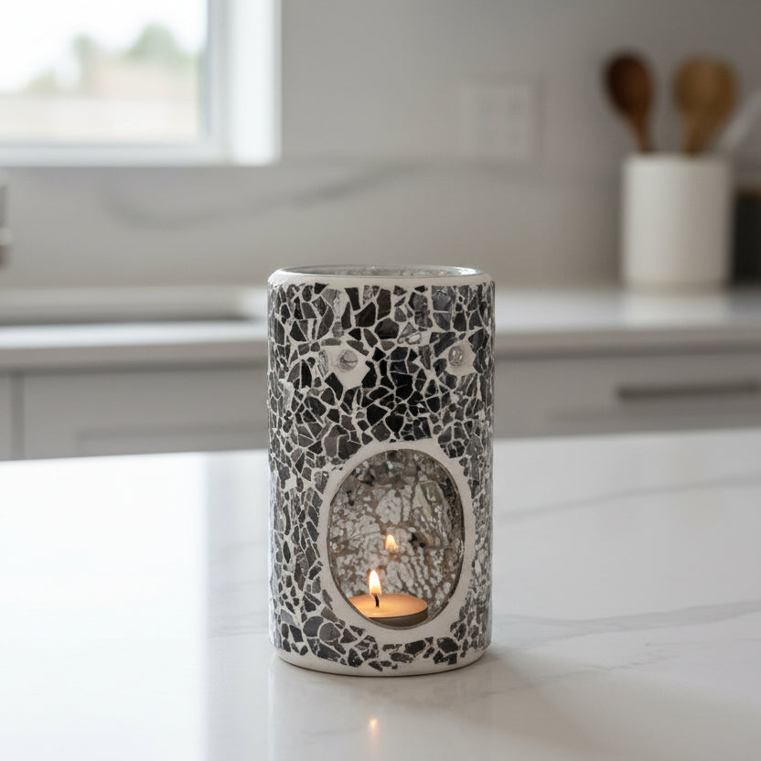 Gun Metal Grey Pillar Crackle Glass Wax Melt Burner