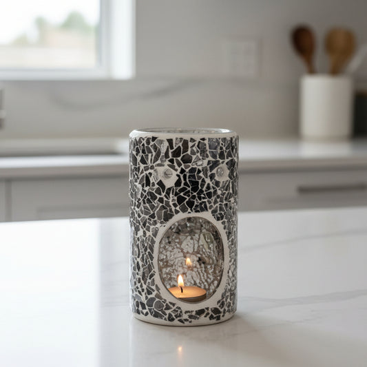 Gun Metal Grey Pillar Crackle Glass Wax Melt Burner