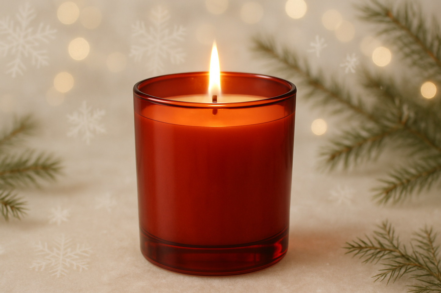 candle in a red glas 30cl container on a light christmas background