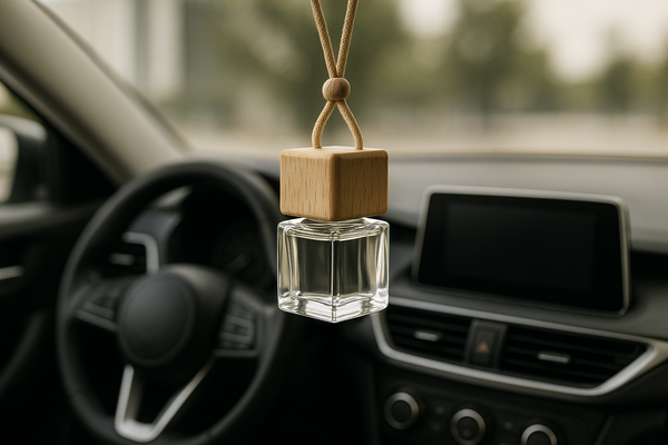 Car diffuser with wooden lid replaced and hanging in car interior