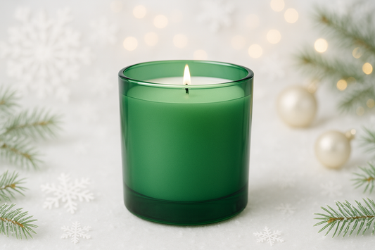 green glass 30cl glass  candle container on a light christmas background