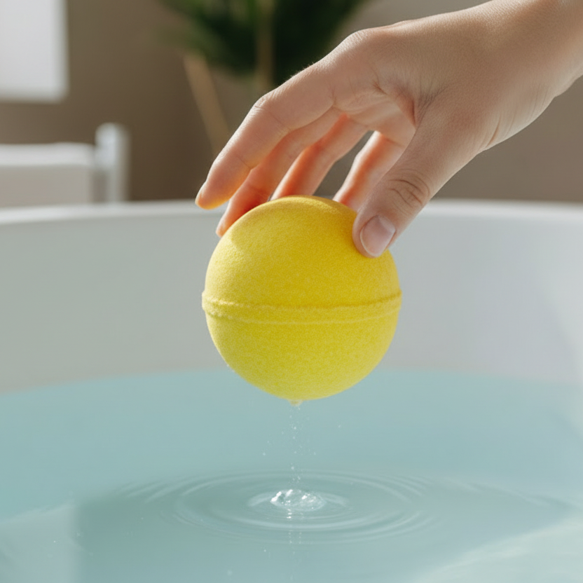 hand dropping yellow bath bomb into bath