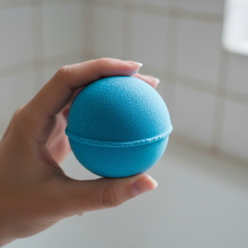 hand holding blue bath bomb