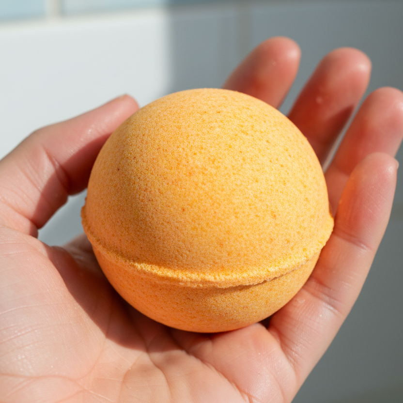 hand holding orange bath bomb