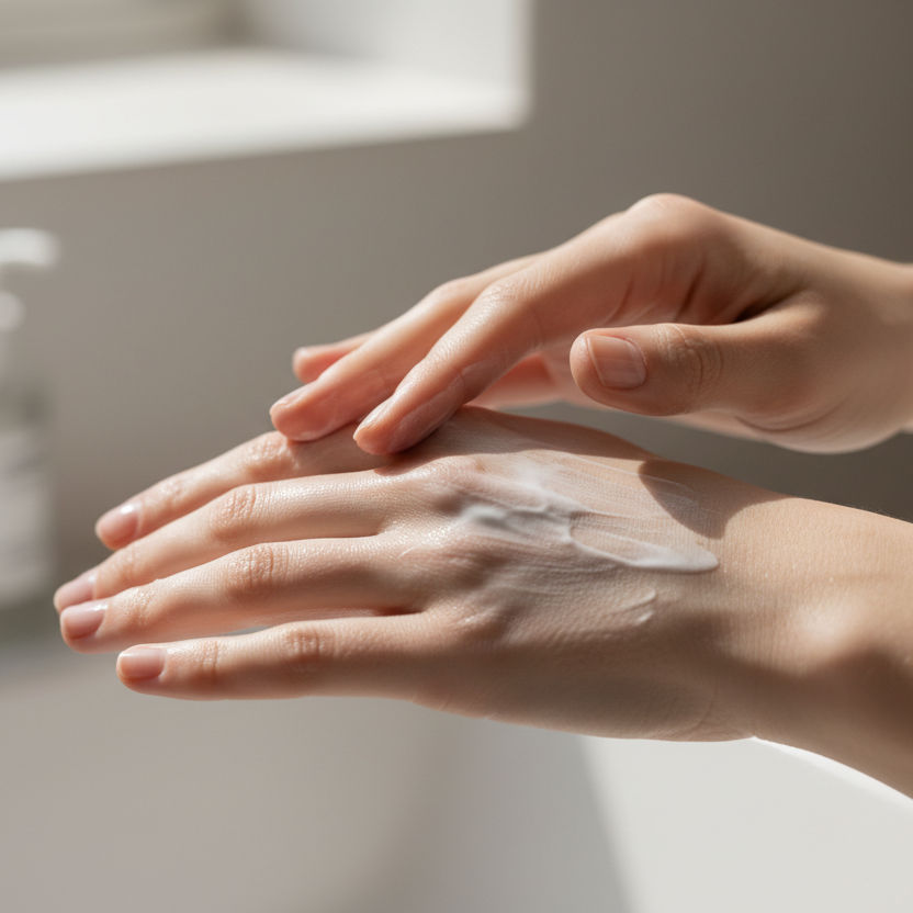 hand rubbing in moisturiser