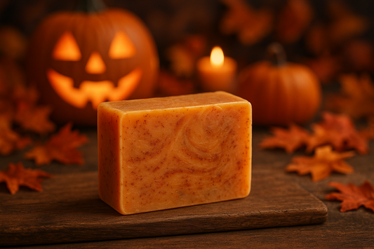 orange & cinnamon rectangular homemade soap on a hallowen background