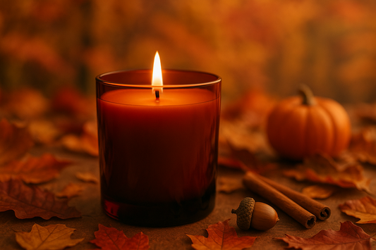 Plain Dark Amber Candle in 30cl Container on Autumn Background