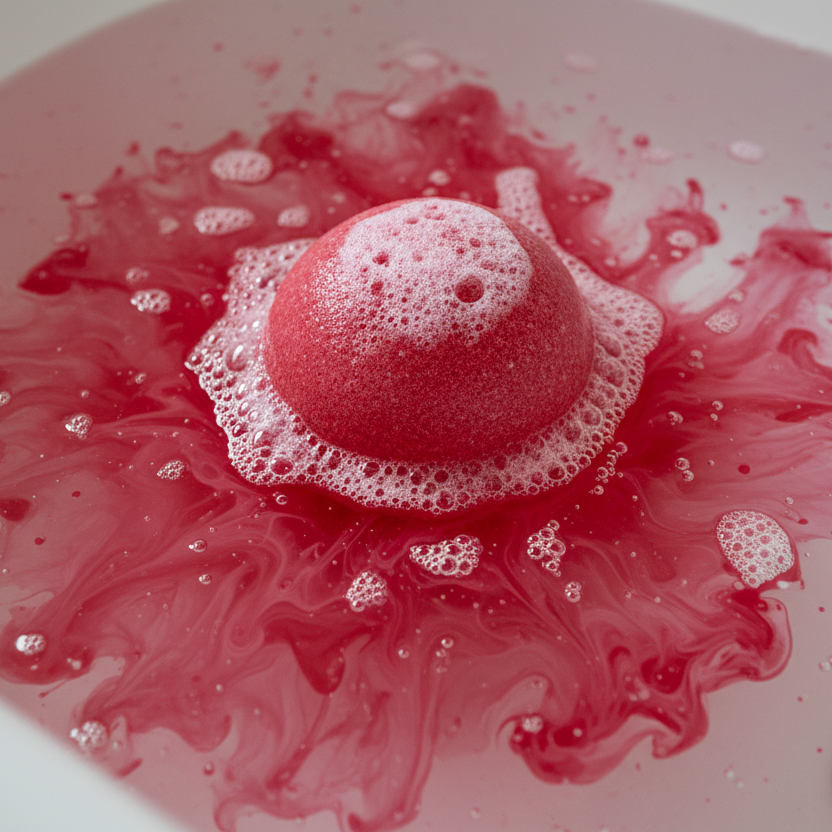 red bath bomb in a bath
