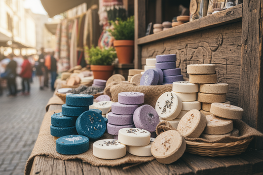 Selection of Shower steamers on a market stall background
