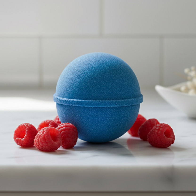 single blue bath bomb on bathroom top