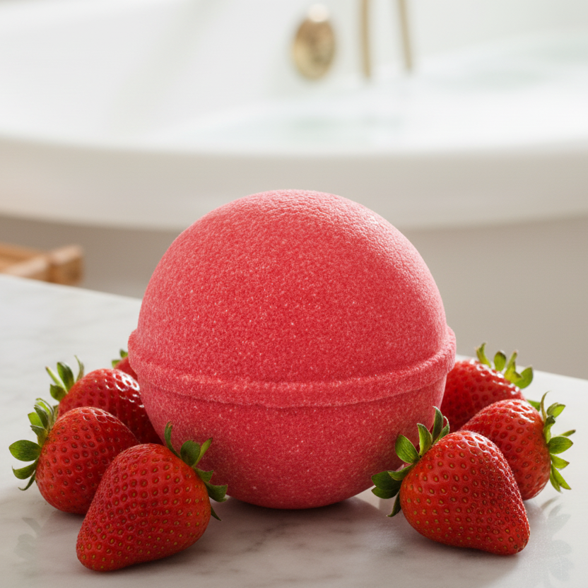 single red bath bomb in bath broom