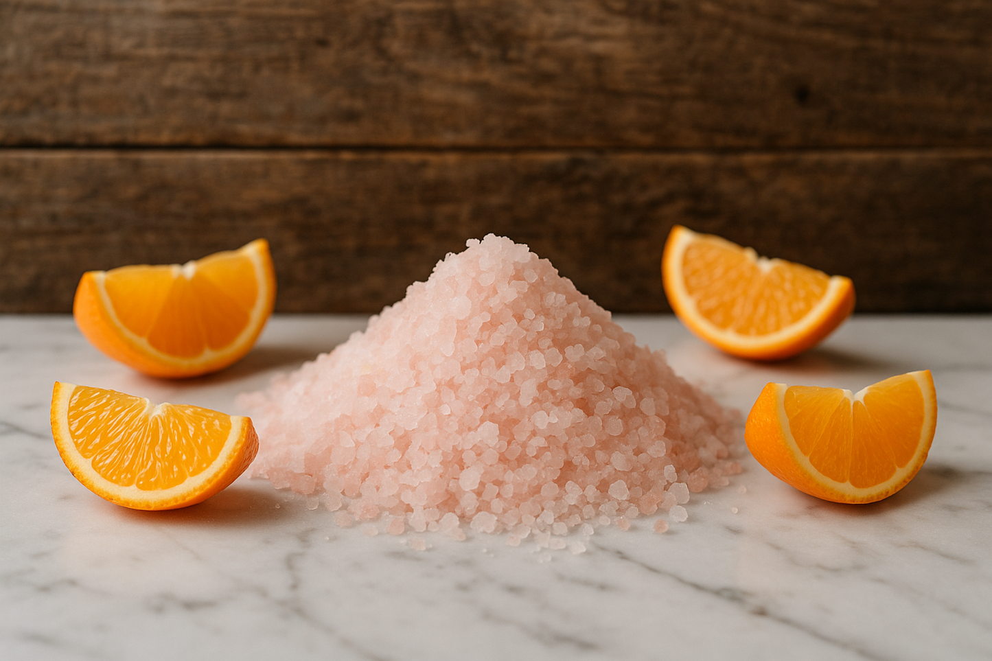small pile of pink and white bath salts on a marble top with a rustic wooden background and orange segment around it