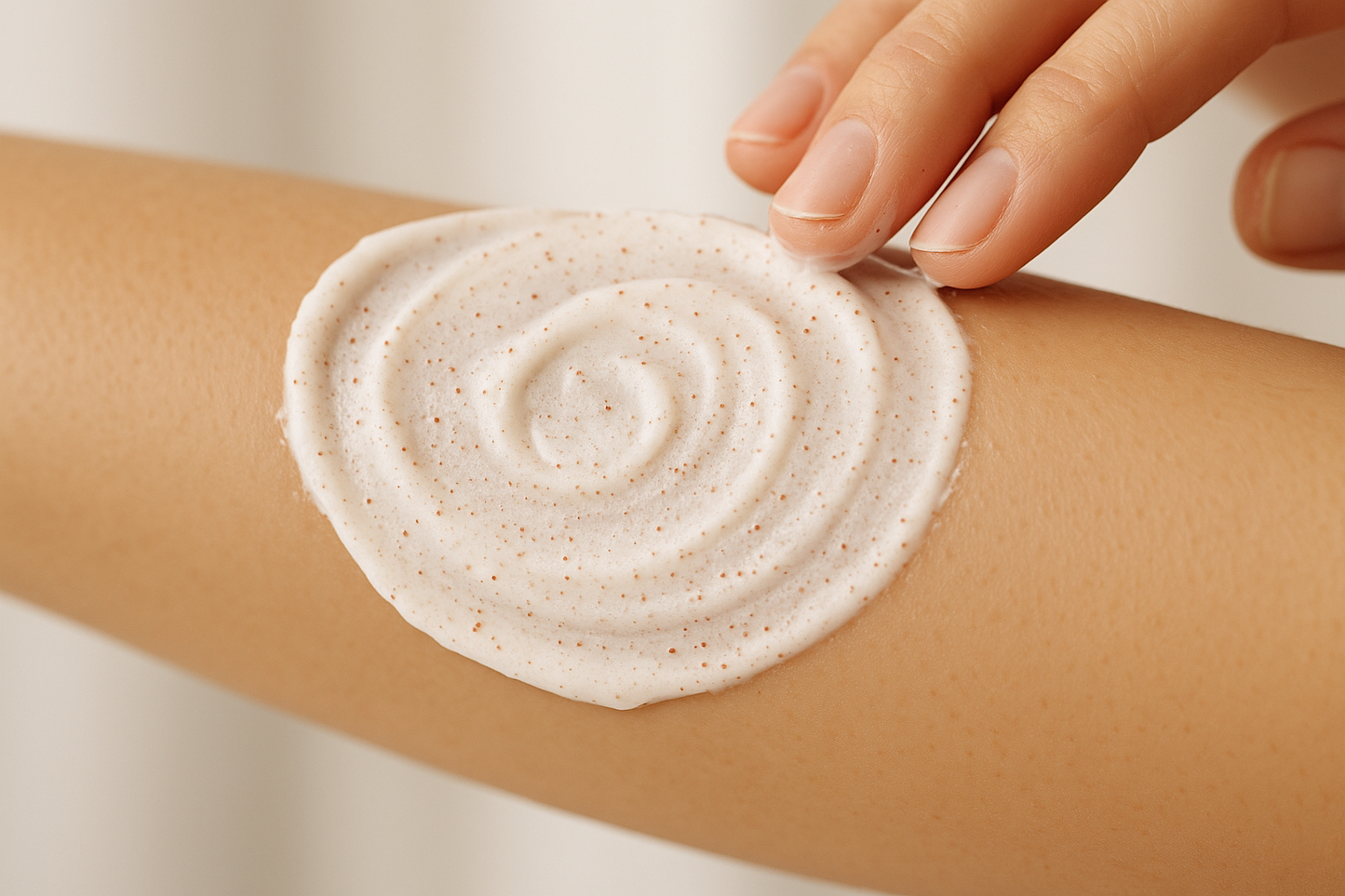 White body scrub being rubbed on a arm